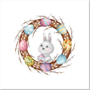 Cute Easter Bunny With Easter Eggs Posters and Art